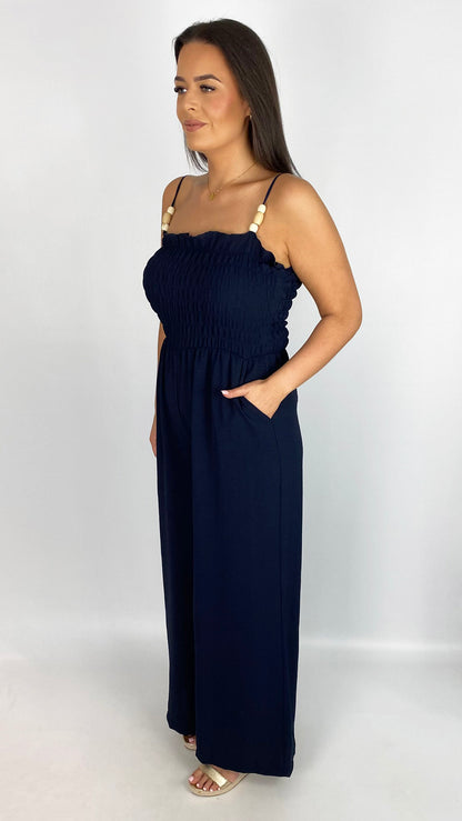 Beaded strap shirred wide-leg jumpsuit | 3 Colours
