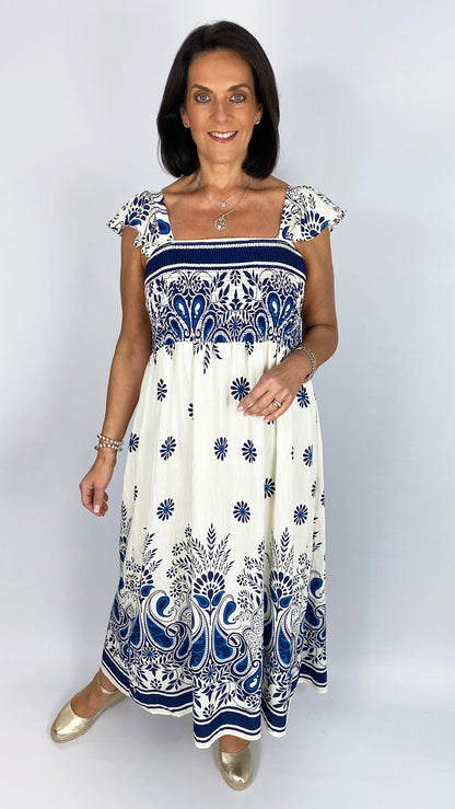 Frill shoulder shirred bust print dress | Navy/Cream | 2 Sizes | by Malissa J