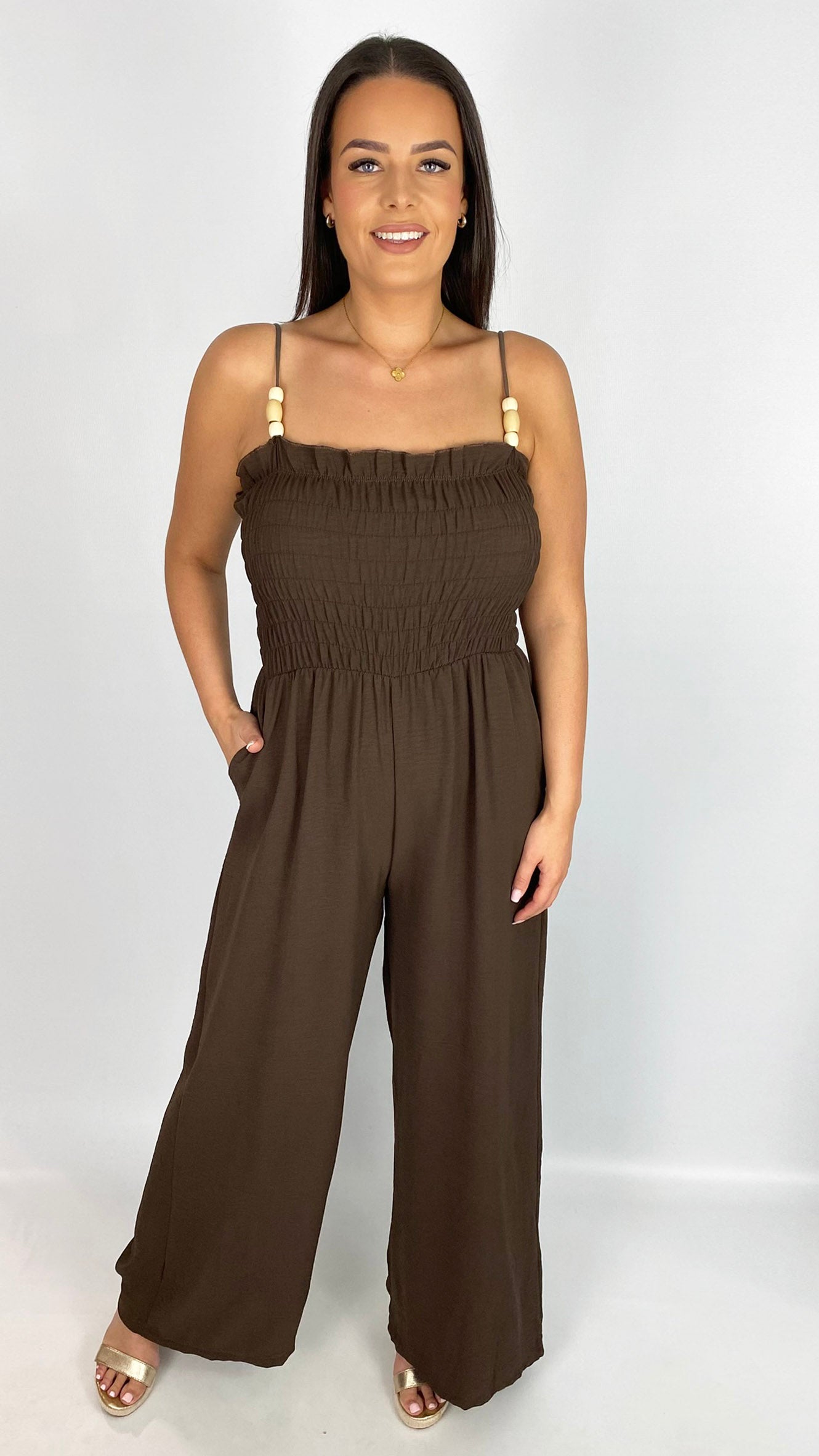Beaded strap shirred wide-leg jumpsuit | 3 Colours
