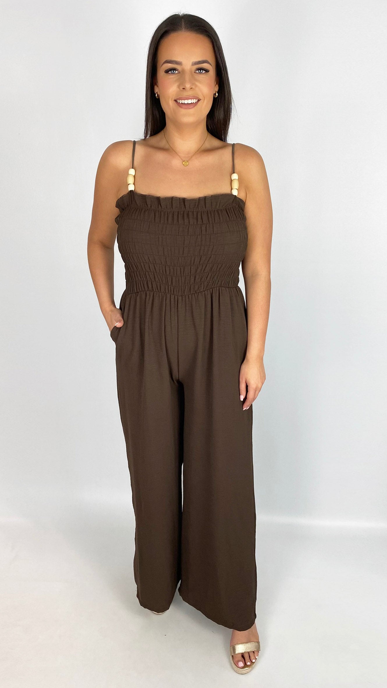 Beaded strap shirred wide-leg jumpsuit | 3 Colours