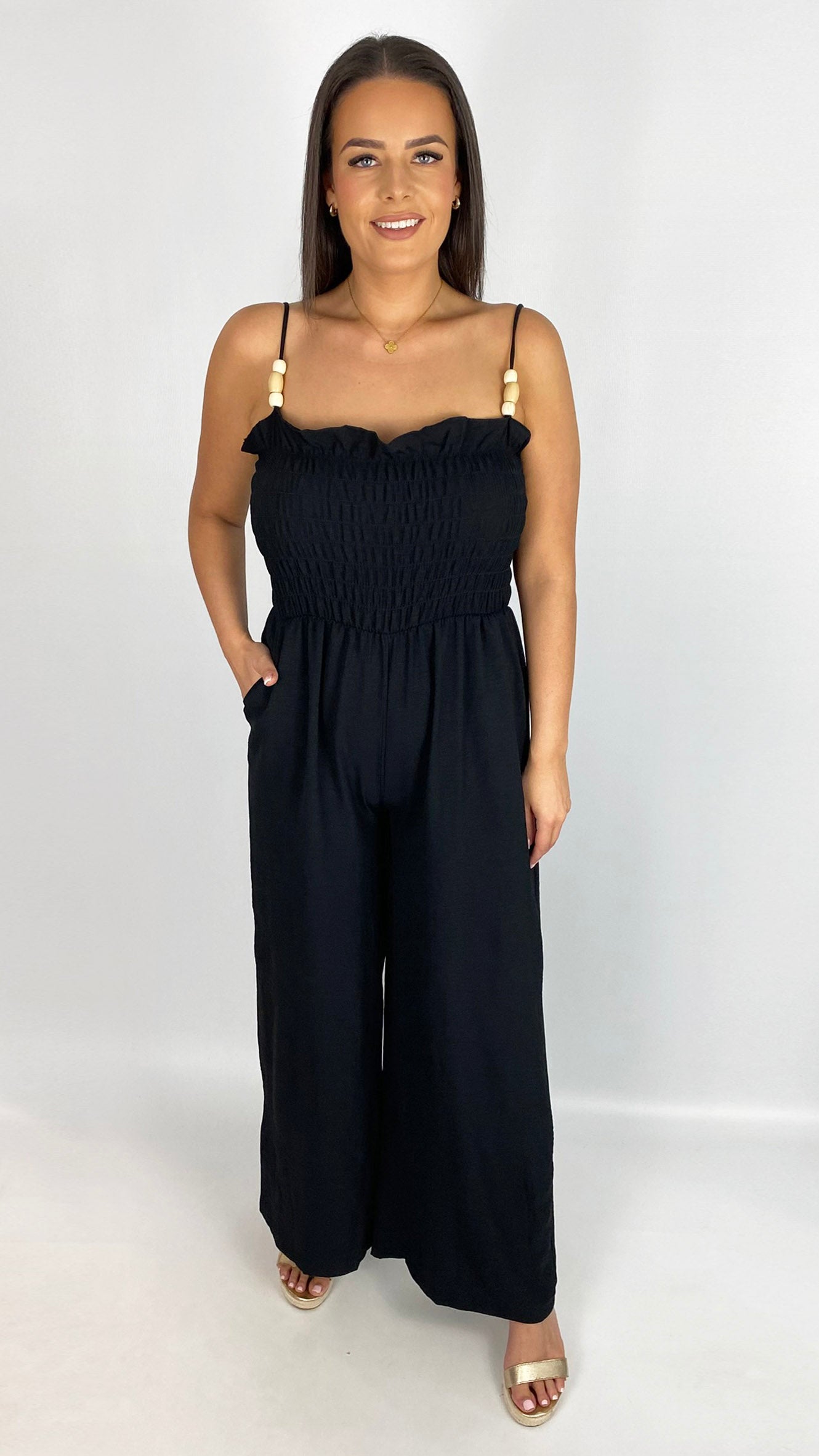 Beaded strap shirred wide-leg jumpsuit | 3 Colours