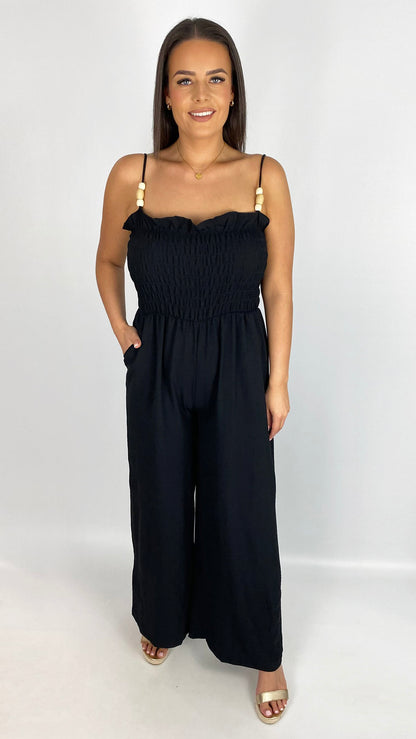 Beaded strap shirred wide-leg jumpsuit | 3 Colours