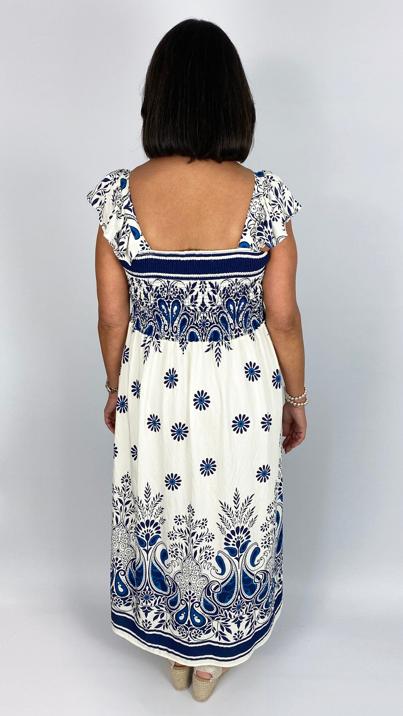 Frill shoulder shirred bust print dress | Navy/Cream | 2 Sizes | by Malissa J