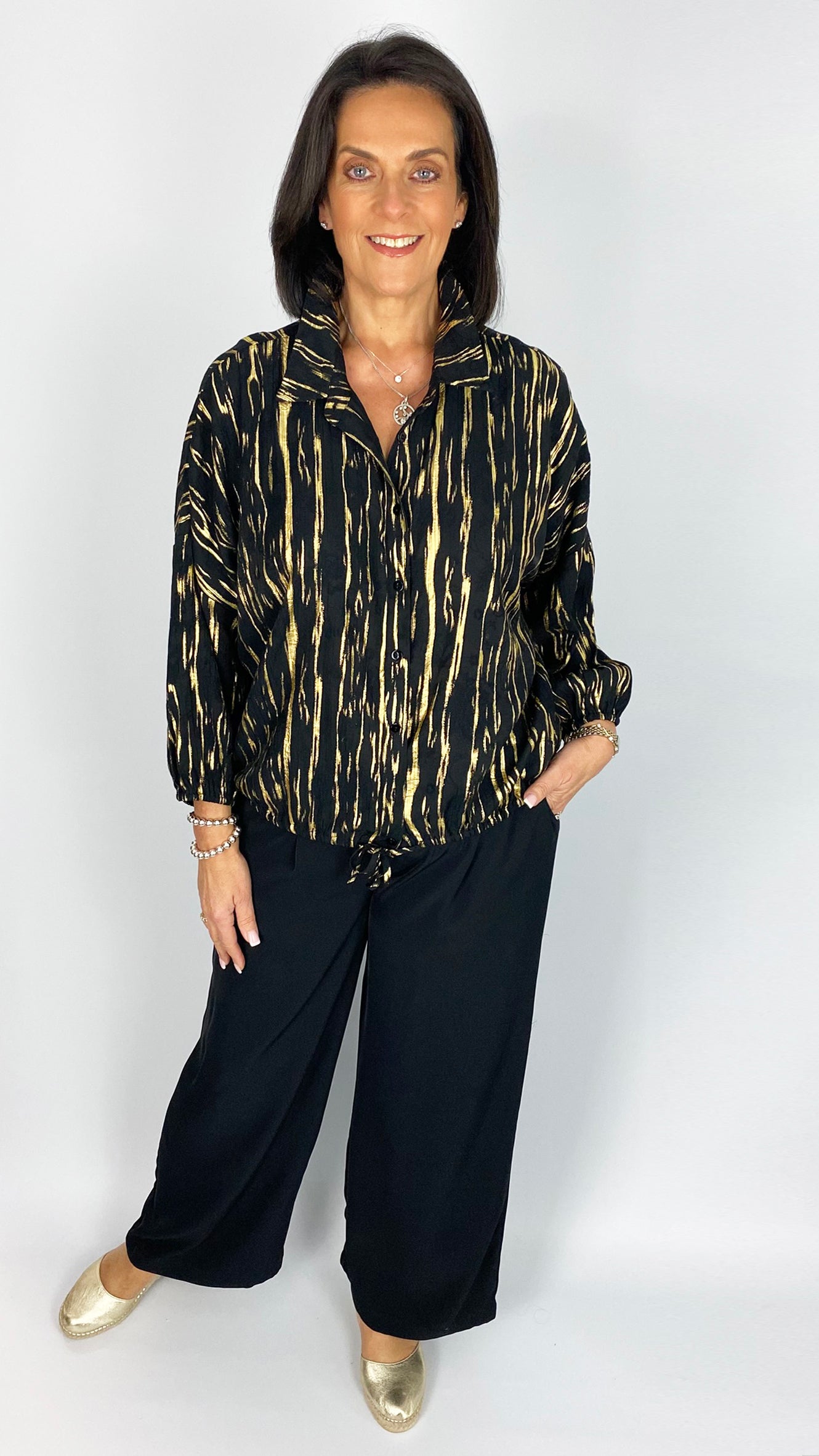 Bomber style button-through shacket | Black/Gold | by Malissa J