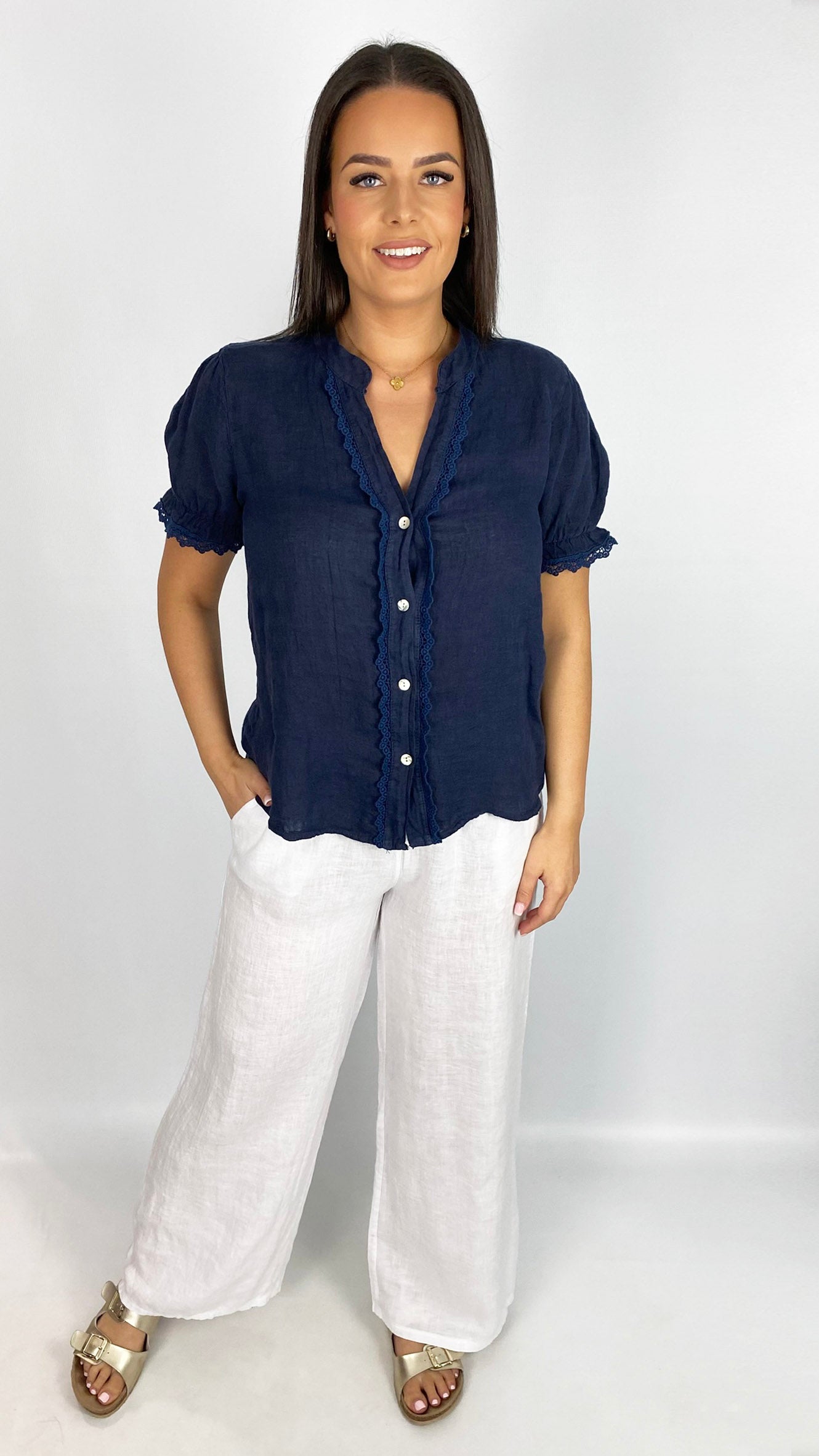 Pure linen crochet trimmed top | 4 Colours