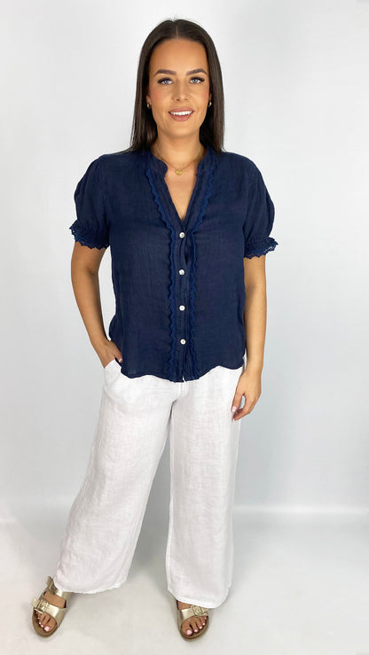 Pure linen crochet trimmed top | 4 Colours