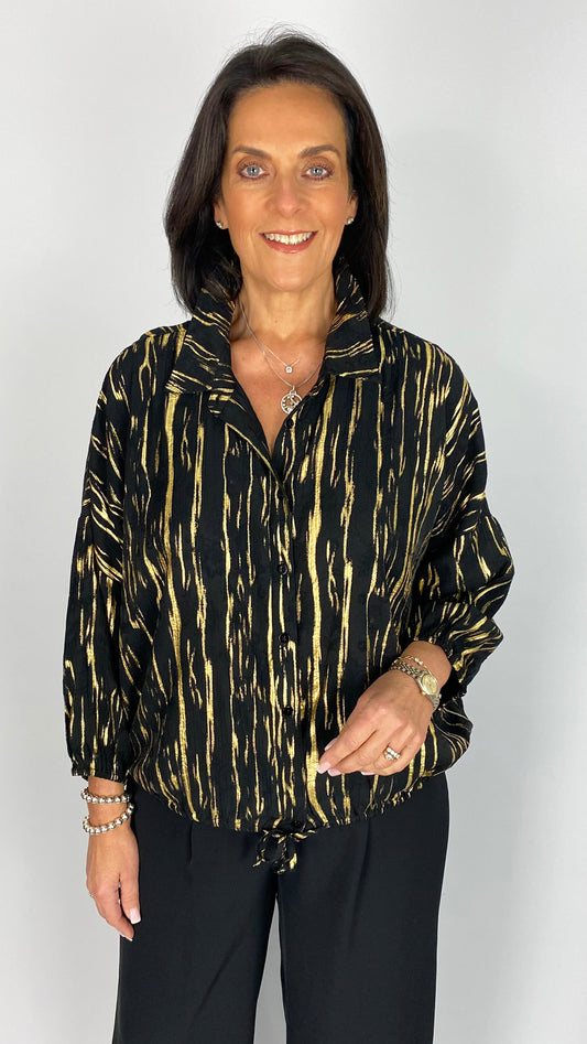 Bomber style button-through shacket | Black/Gold | by Malissa J