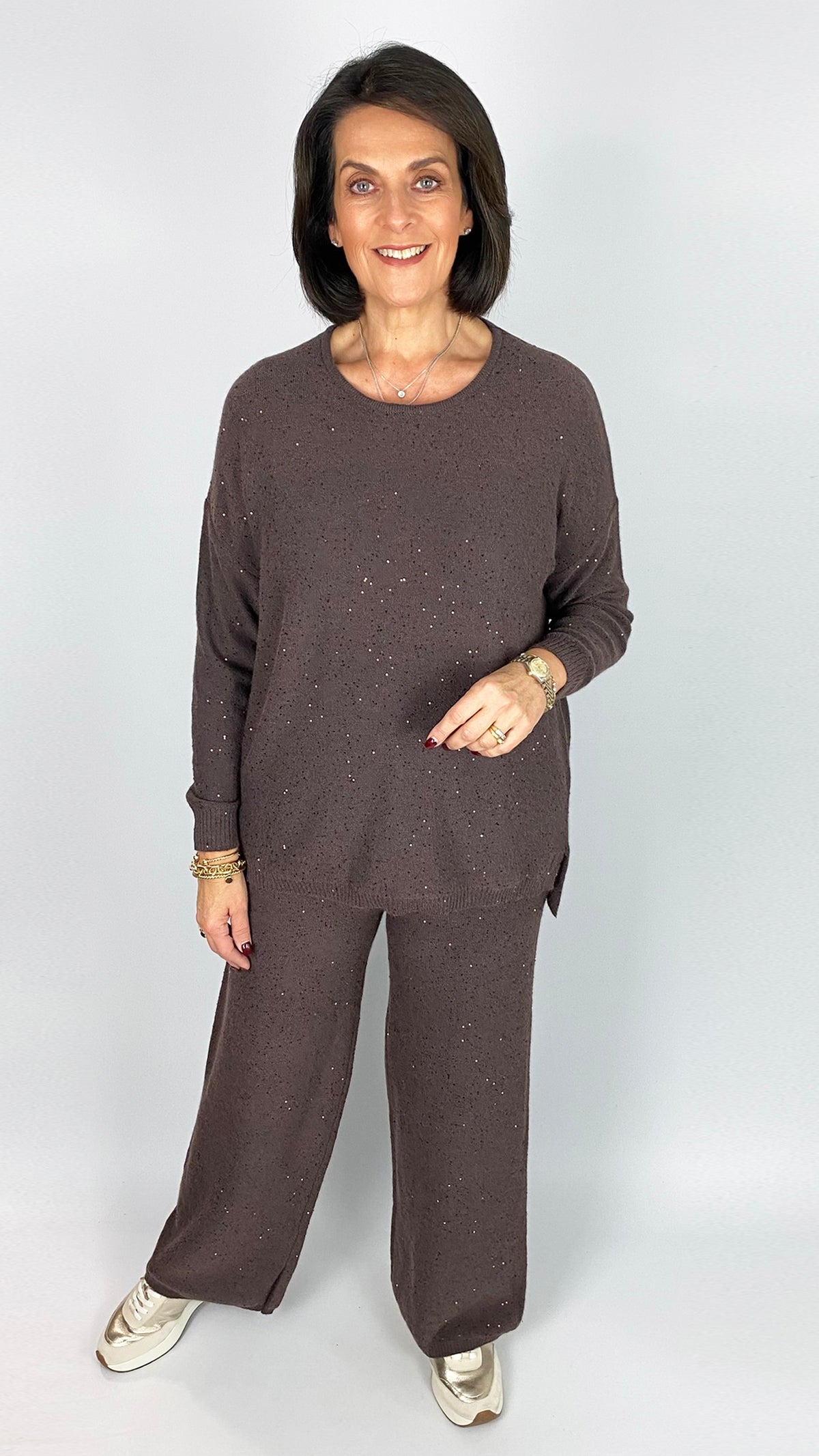 Sequin knit round neck jumper | Chocolate | by Malissa J