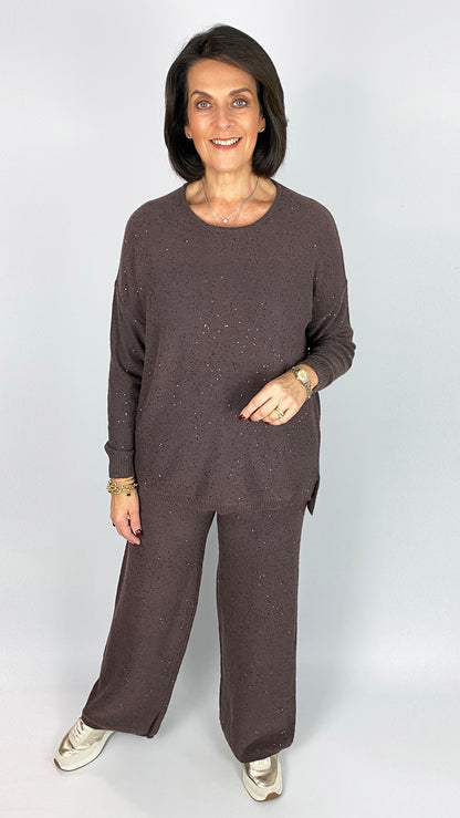Sequin knit round neck jumper | Chocolate | by Malissa J