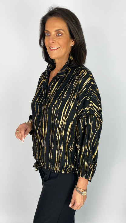 Bomber style button-through shacket | Black/Gold | by Malissa J