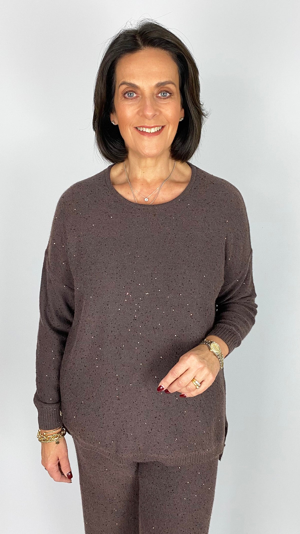 Sequin knit round neck jumper | Chocolate | by Malissa J