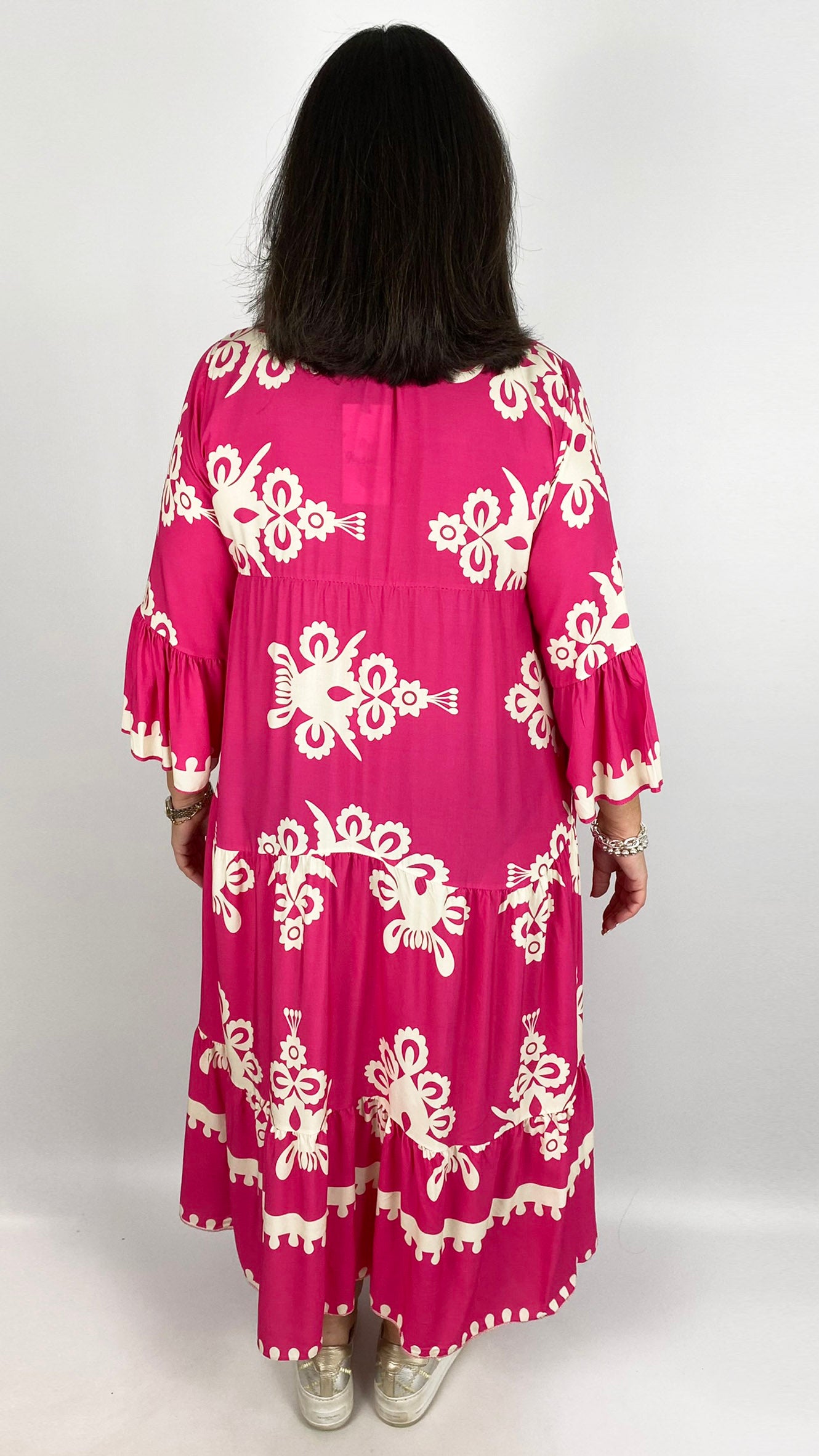 Mandarin-collar print long dress (3 Colours)