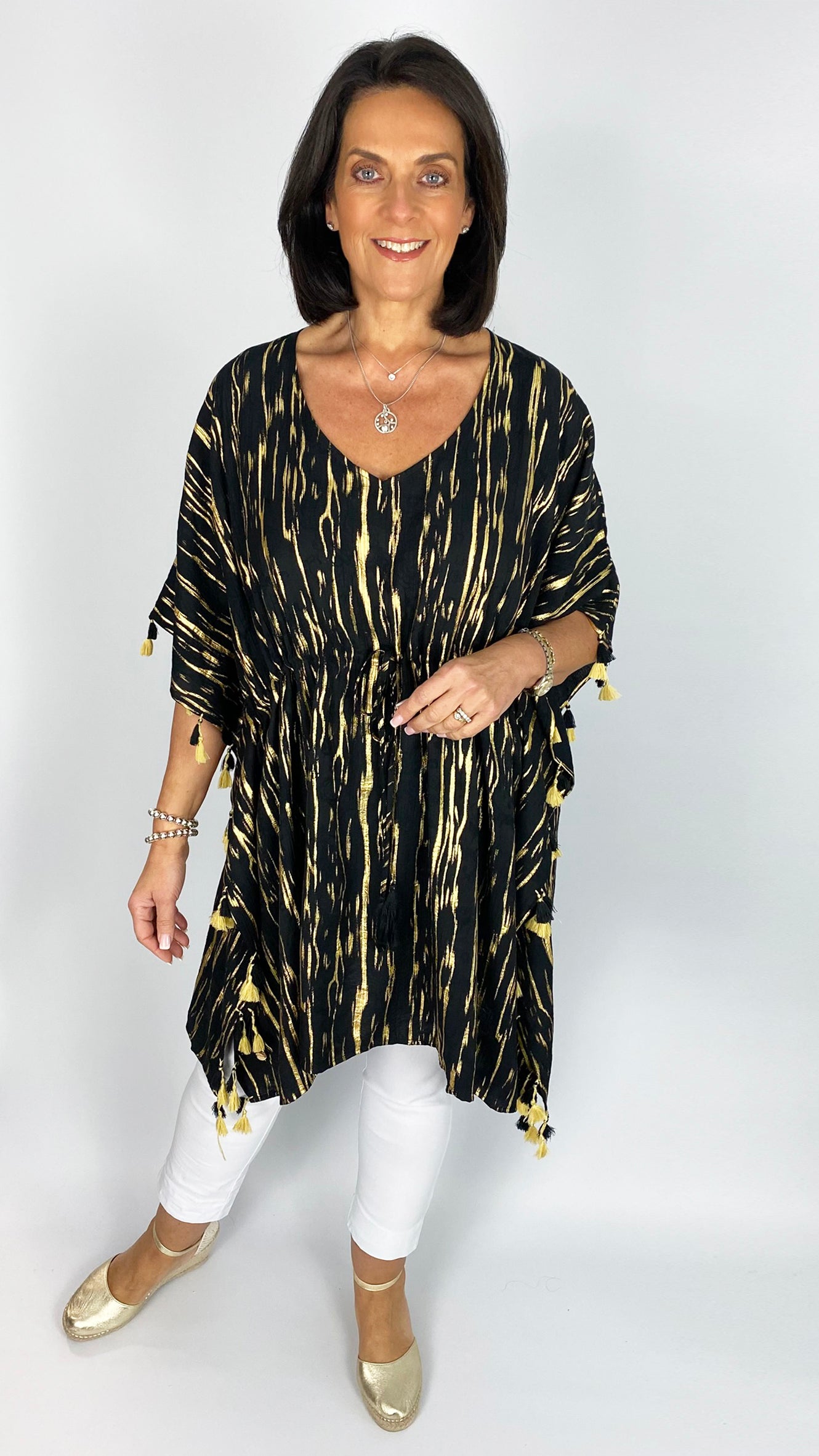 Tassel trimmed drawstring waist v-neck top | Black/Gold | by Malissa J