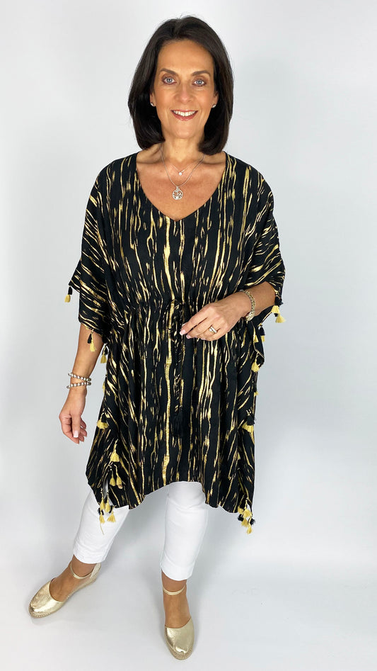 Tassel trimmed drawstring waist v-neck top | Black/Gold | by Malissa J