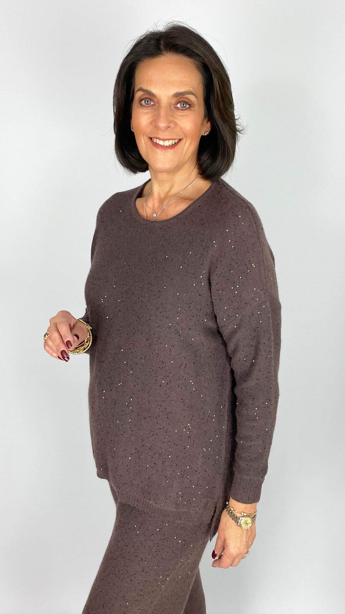 Sequin knit round neck jumper | Chocolate | by Malissa J