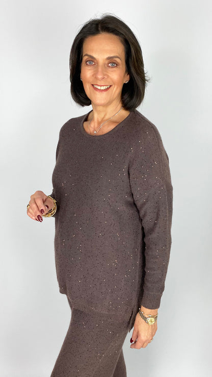 Sequin knit round neck jumper | Chocolate | by Malissa J