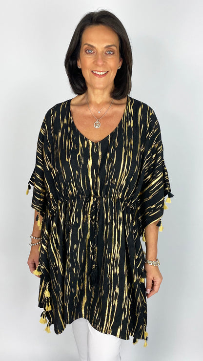 Tassel trimmed drawstring waist v-neck top | Black/Gold | by Malissa J