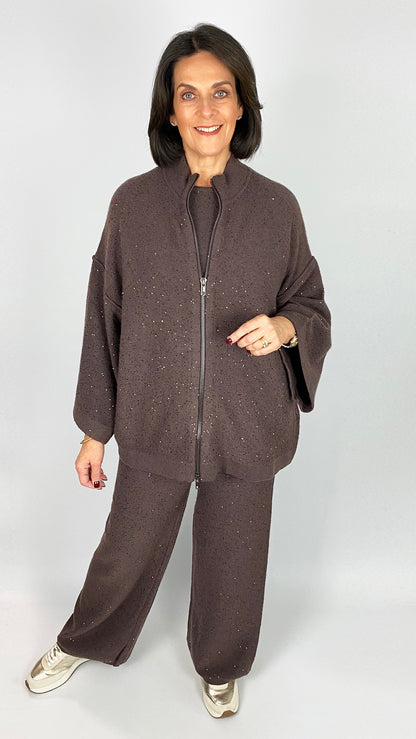 Sequin knit funnel neck jacket | Chocolate | by Malissa J