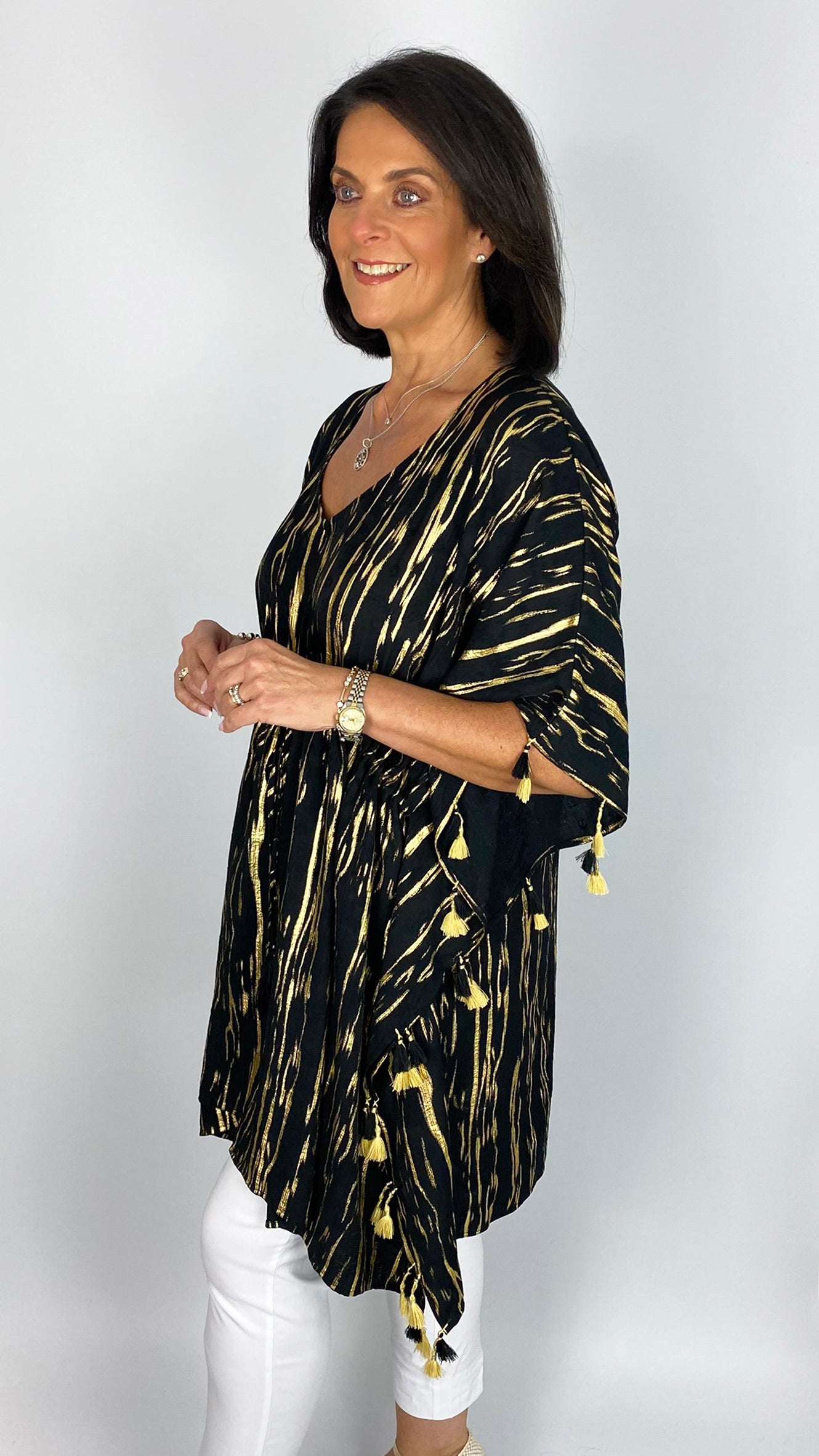 Tassel trimmed drawstring waist v-neck top | Black/Gold | by Malissa J