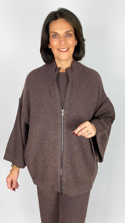 Sequin knit funnel neck jacket | Chocolate | by Malissa J