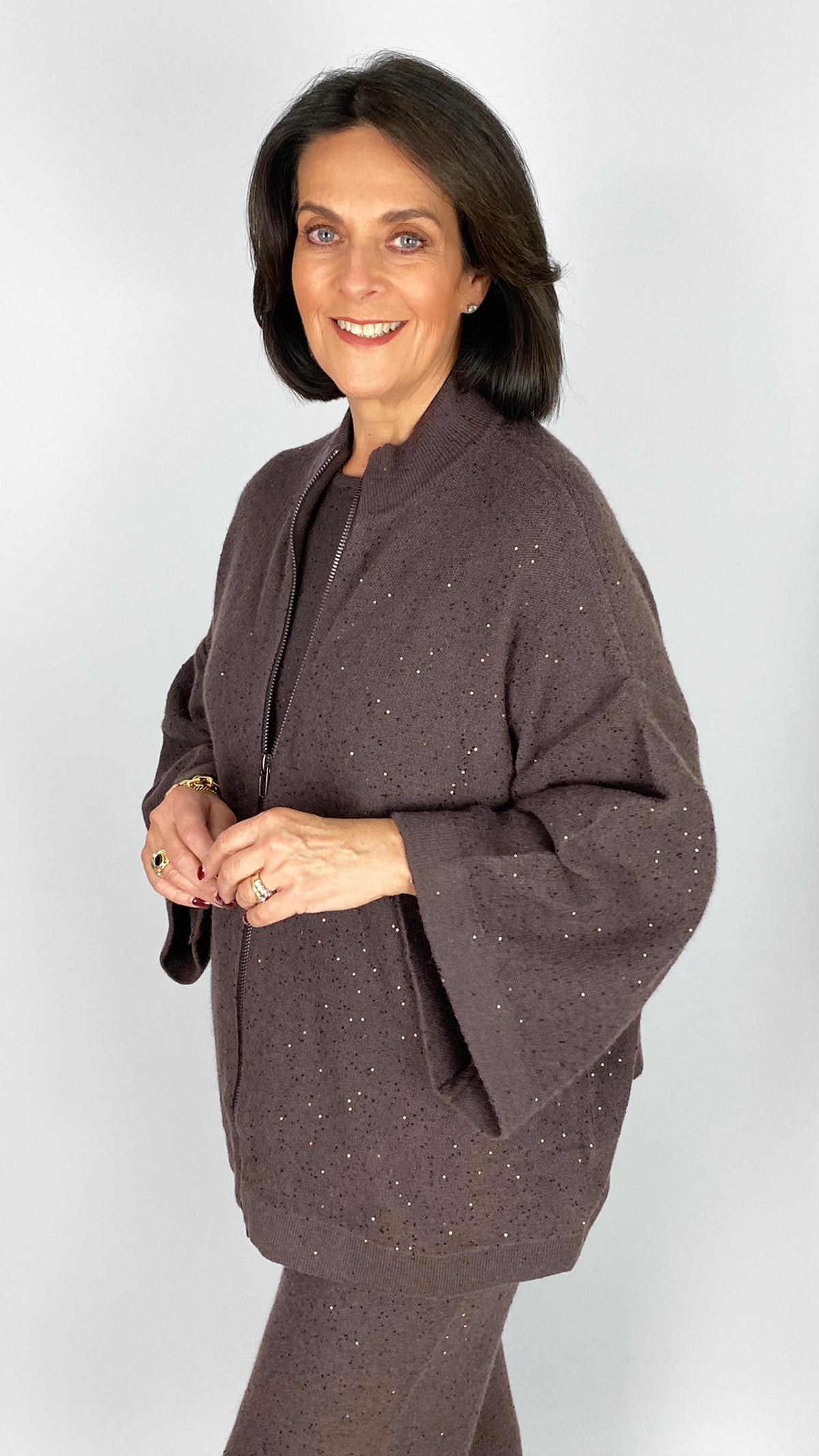 Sequin knit funnel neck jacket | Chocolate | by Malissa J