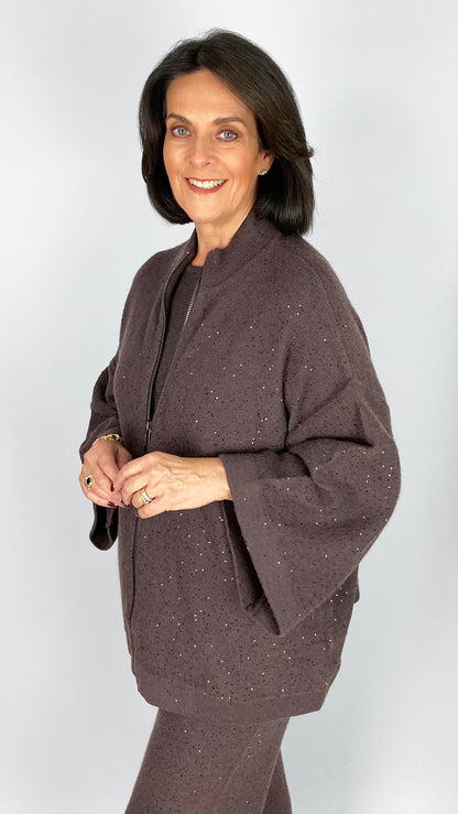 Sequin knit funnel neck jacket | Chocolate | by Malissa J