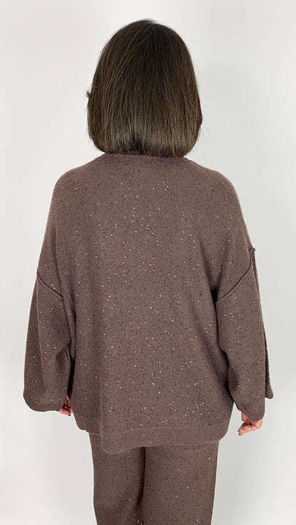 Sequin knit funnel neck jacket | Chocolate | by Malissa J