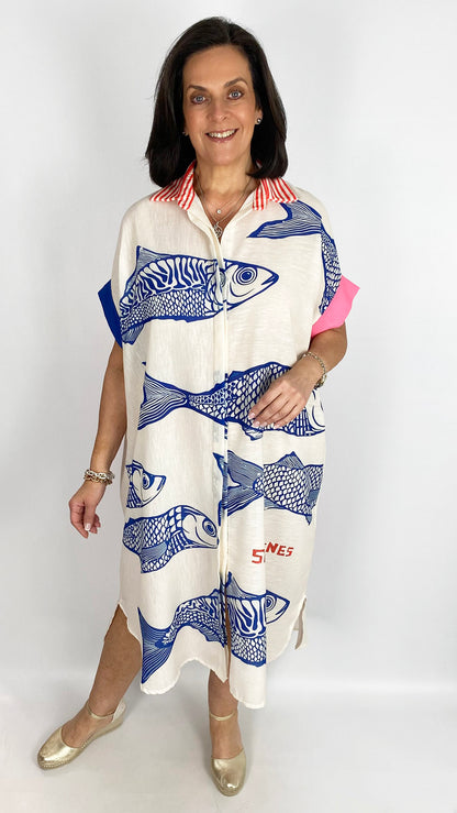 Linen mix button-through graphic shirt dress | 3 Prints