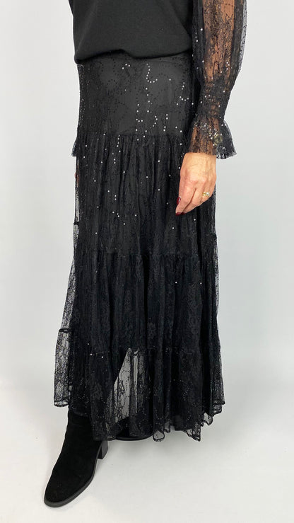 Lace & sequin tiered skirt | Black | 2 Sizes | by Malissa J