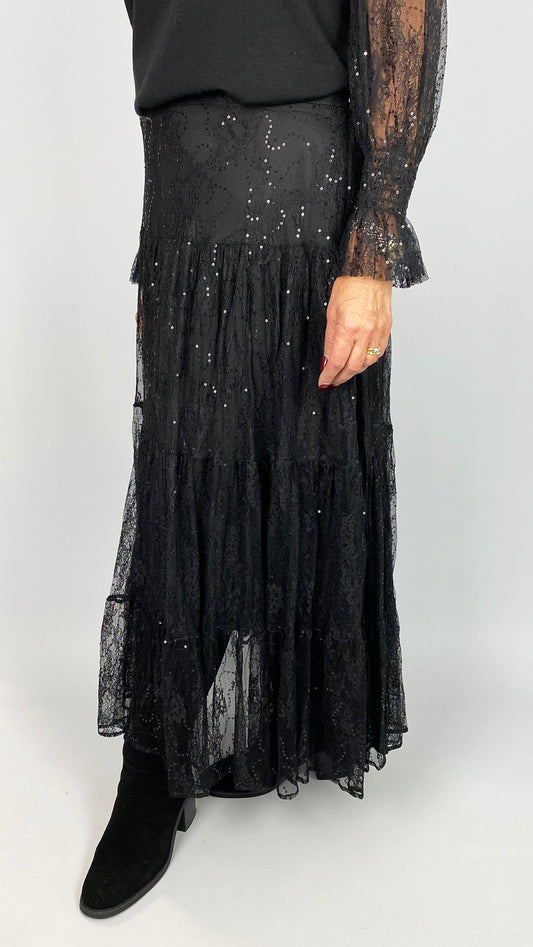 Lace & sequin tiered skirt | Black | 2 Sizes | by Malissa J