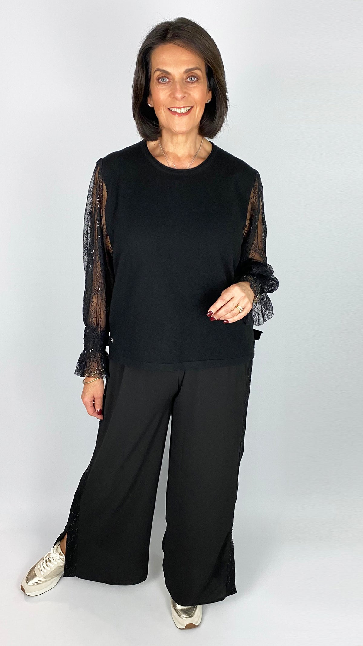Lace & sequin sheer sleeve knitted jumper | Black | 2 Sizes | by Malissa J