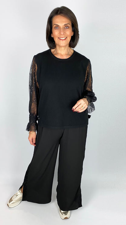 Lace panel wide-leg trouser w/ ankle splits  | Black | 2 Sizes | by Malissa J