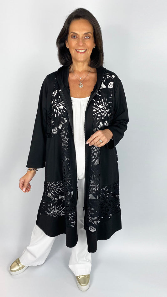 Lace & jersey longline zip-through jacket | Black | by Malissa J