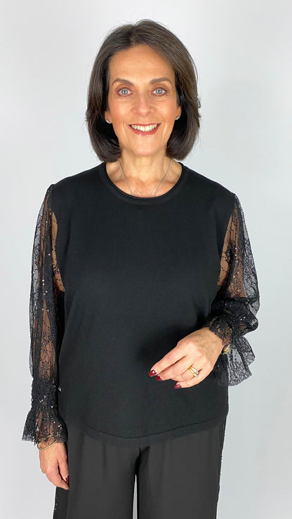 Lace & sequin sheer sleeve knitted jumper | Black | 2 Sizes | by Malissa J