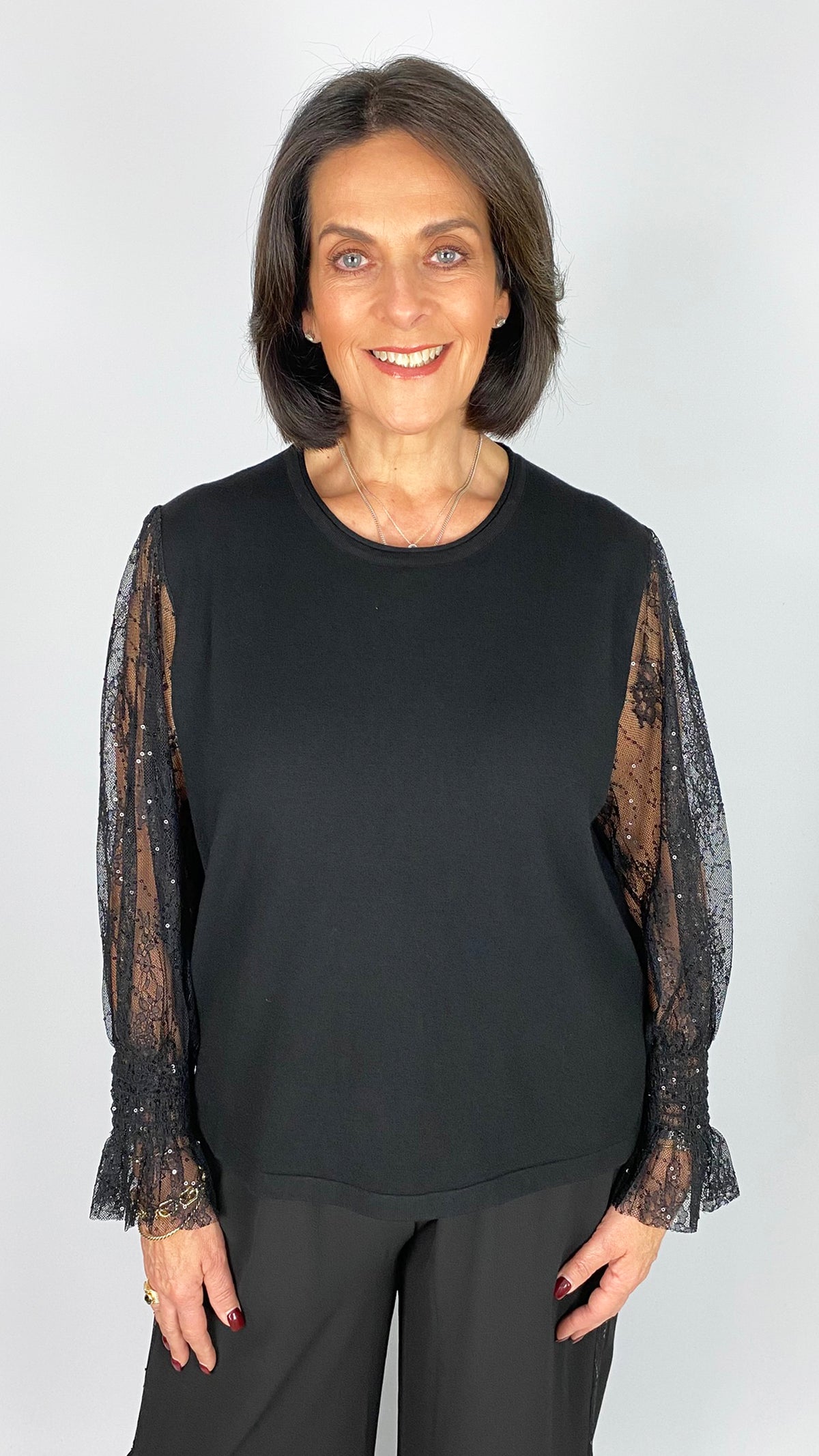 Lace & sequin sheer sleeve knitted jumper | Black | 2 Sizes | by Malissa J