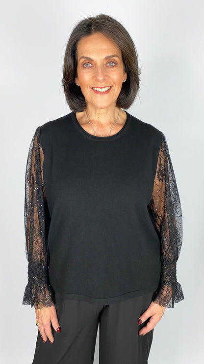 Lace & sequin sheer sleeve knitted jumper | Black | 2 Sizes | by Malissa J