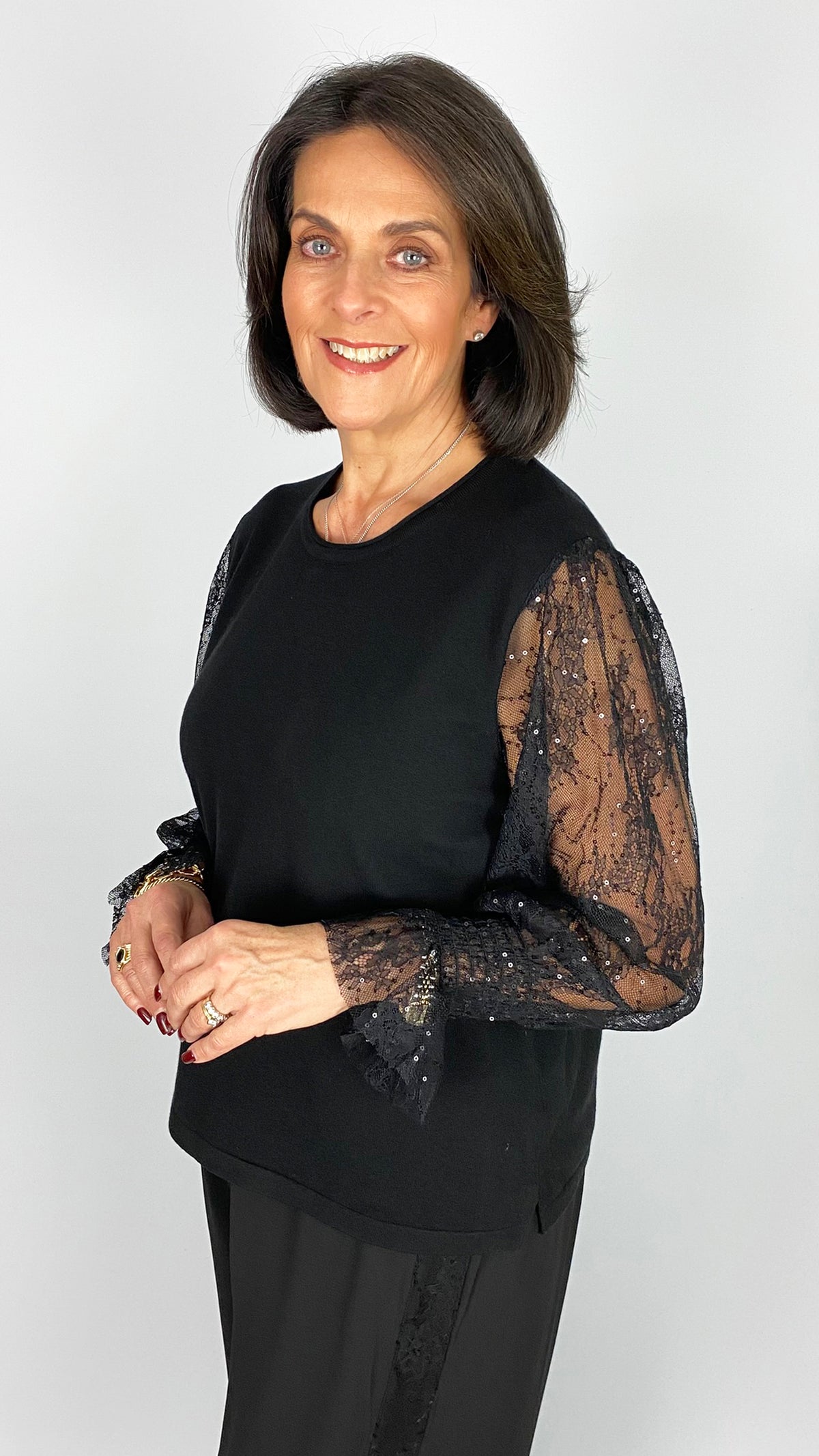 Lace & sequin sheer sleeve knitted jumper | Black | 2 Sizes | by Malissa J