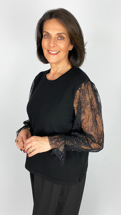 Lace & sequin sheer sleeve knitted jumper | Black | 2 Sizes | by Malissa J