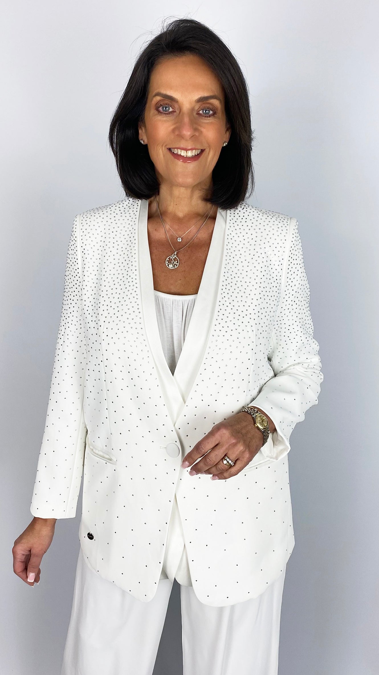 Panel detail graduated studded blazer | White | 2 Sizes | by Malissa J