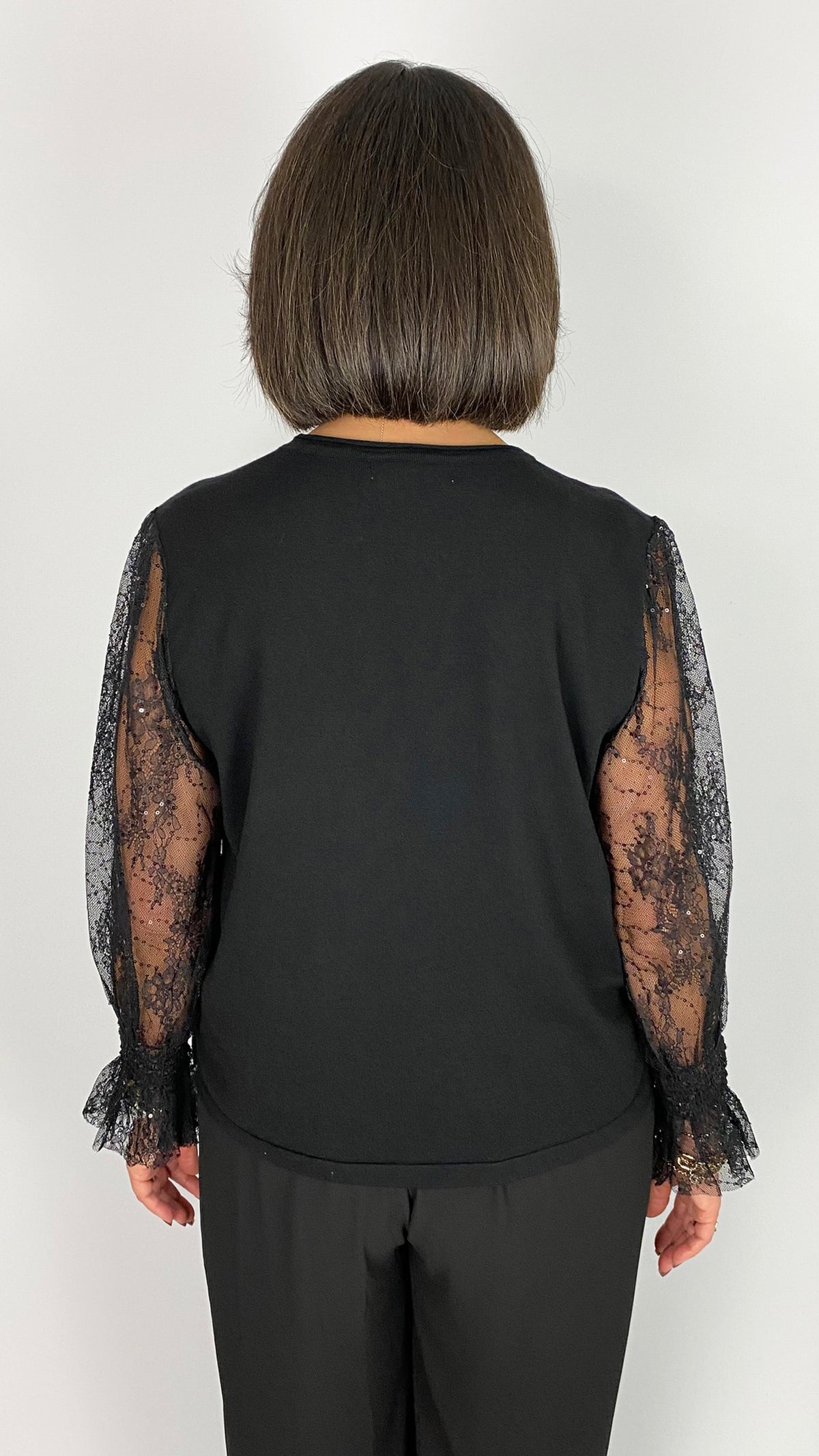 Lace & sequin sheer sleeve knitted jumper | Black | 2 Sizes | by Malissa J
