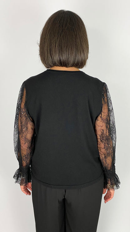 Lace & sequin sheer sleeve knitted jumper | Black | 2 Sizes | by Malissa J
