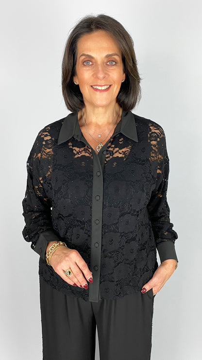 Floral lace shirt w/ studs  | Black | by Malissa J