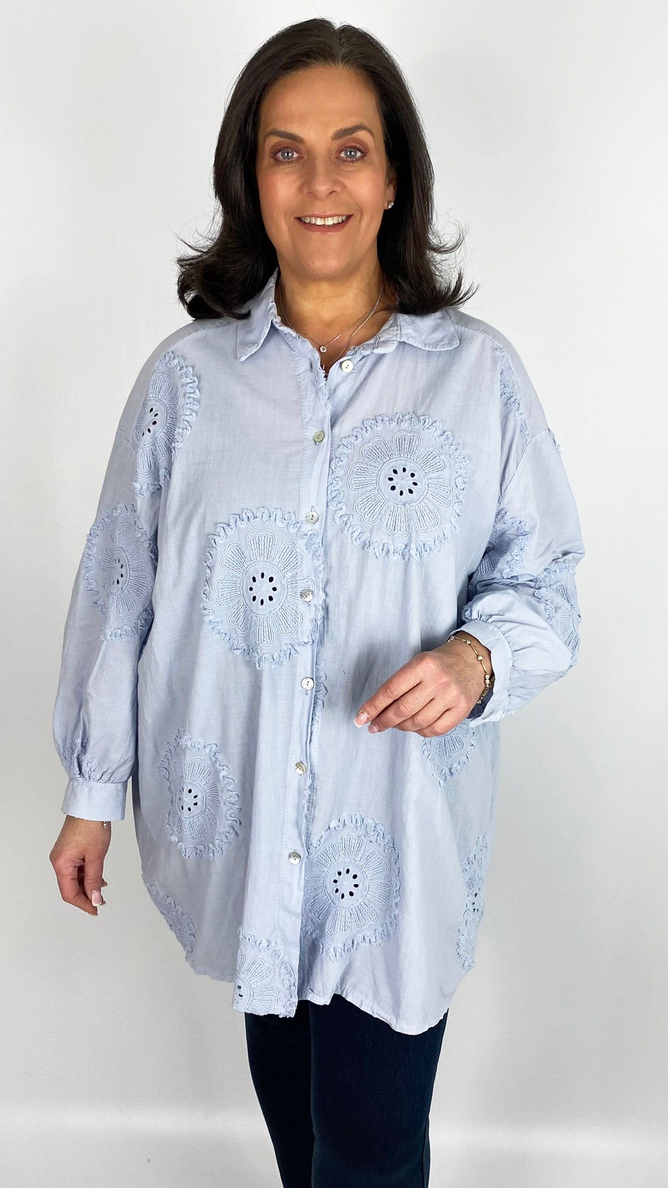 Embroidery anglaise flower design shirt (3 Colours) - last 1s