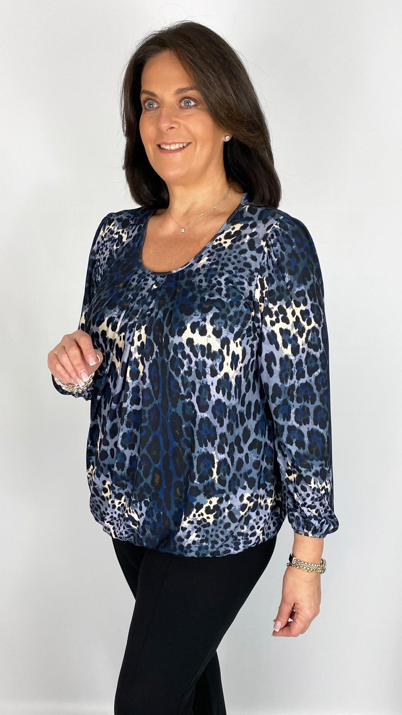 Animal Print gathered hem 3/4 sleeve top (3 Colours) - last 1