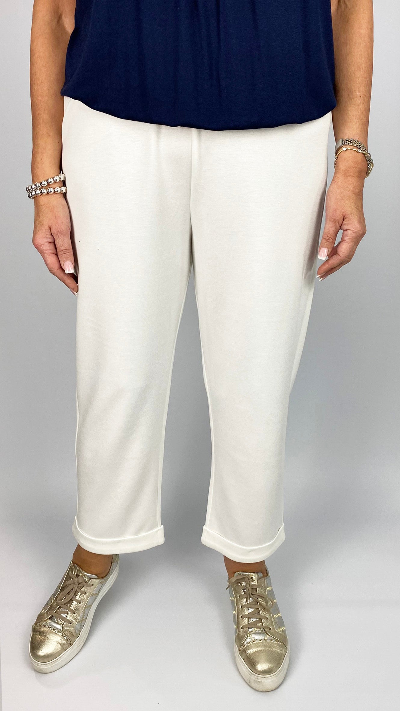 Jersey straight leg cuffed pant | White | by Malissa J
