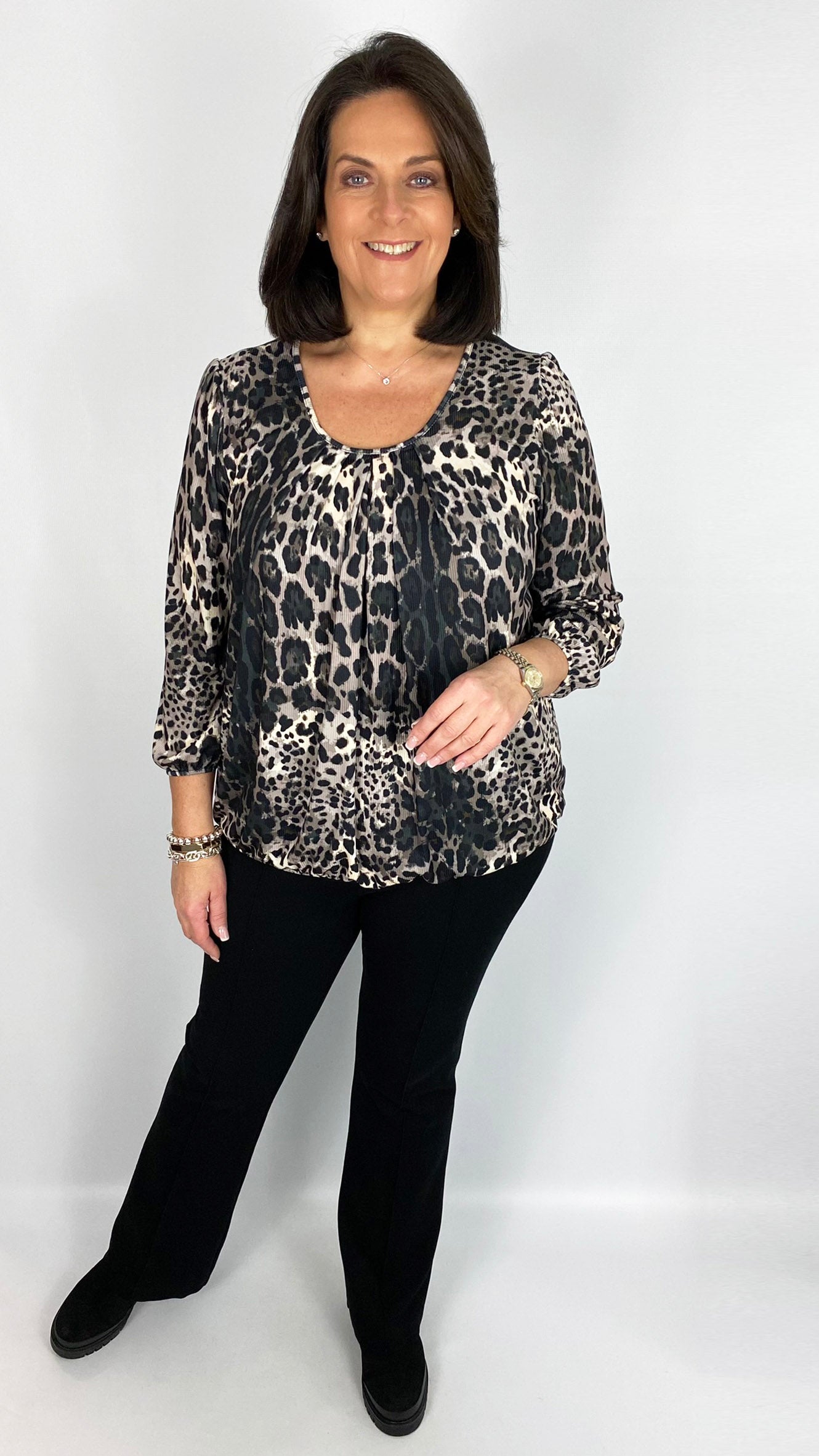 Animal Print gathered hem 3/4 sleeve top (3 Colours) - last 1