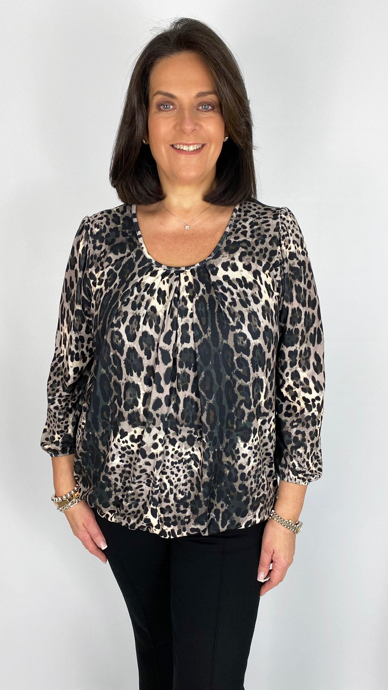 Animal Print gathered hem 3/4 sleeve top (3 Colours) - last 1