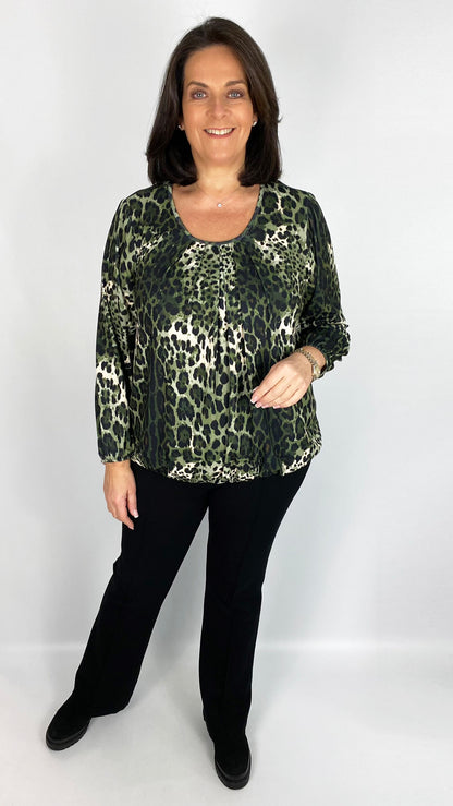 Animal Print gathered hem 3/4 sleeve top (3 Colours) - last 1