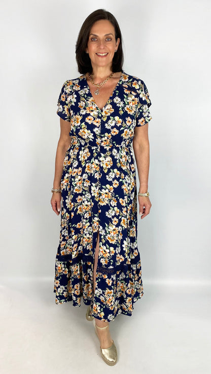 Button-through v-neck frill-sleeve floral maxi dress | Navy Multi