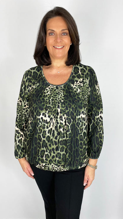 Animal Print gathered hem 3/4 sleeve top (3 Colours) - last 1